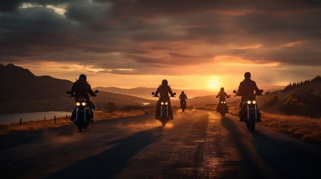 group of friends riding toghether at sunset group of motorcycle