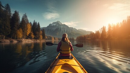 back view of woman kayaking in crystal lake near alps mountains, amazing lens flare - obrazy, fototapety, plakaty