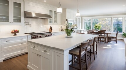 Warm white kitchen with expansive countertops island