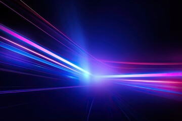 Fototapeta na wymiar Abstract technology futuristic glowing blue and purple light lines with speed motion blur effect on dark blue background. generative ai