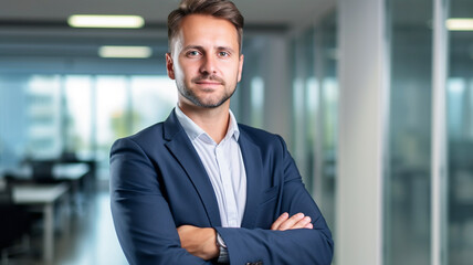 Fototapeta premium Happy businessman standing with crossed arms, professional manager, confident businessman investor looking at camera. 