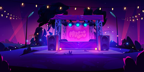 Open air music festival stage with speakers and spotlights at night. Cartoon vector illustration of summer dusk public city park landscape with empty musician performance scene with glowing lamps. - obrazy, fototapety, plakaty
