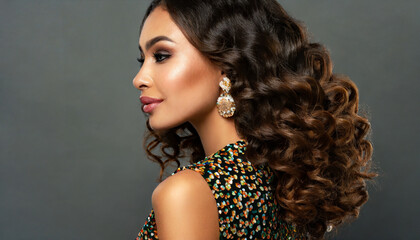 portrait of a woman, Cosmetics Allure: Curly-Haired Fashion Model