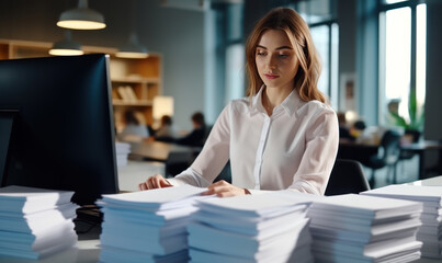 Young female employee working on stacks of papers to search for information and check documents on the desk
