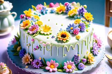 The cake decorated with flowers on the anniversary looks beautiful. The beautiful flower decorations make the cake look nice. Generative AI.