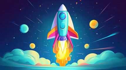 Rendering cartoon rocket launch to Space with colorful planet background. AI generated