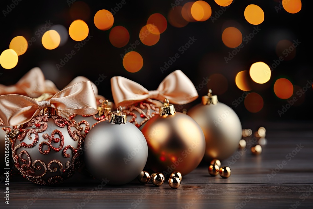 Poster Christmas greeting background design with Christmas ball and bokeh background for text space