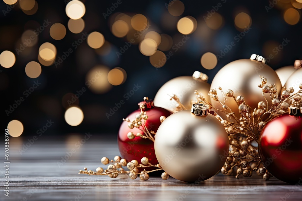 Poster christmas greeting background design with christmas ball and bokeh background for text space