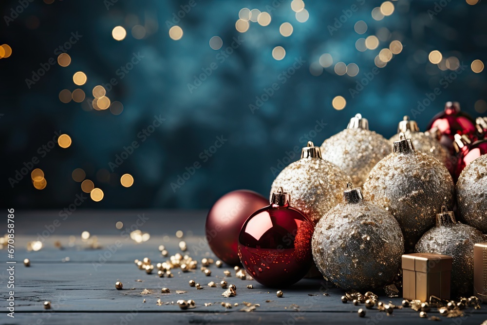 Poster Christmas greeting background design with Christmas ball and bokeh background for text space