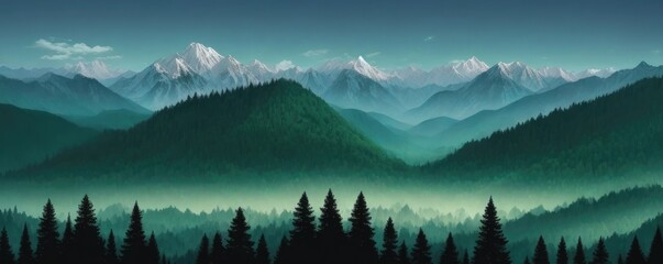 Landscape forest mountains nature adventure travel background panorama - Illustration of dark green silhouette of valley view of forest fir trees and mountains peak - obrazy, fototapety, plakaty