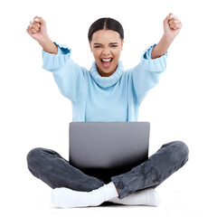 Happy woman, portrait and laptop in celebration for winning isolated on a transparent PNG...
