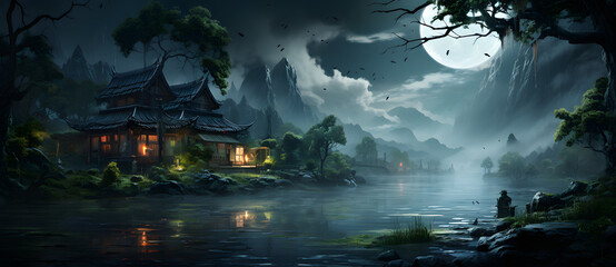 A night scene painting with palace river houses mountains and full moon 8