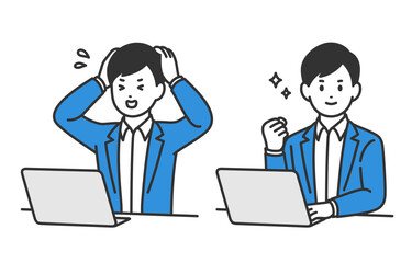 パソコンを見て焦る･ガッツポーズをするビジネスパーソン男性のセット【人物ベクターイラスト素材】