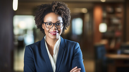 Portrait, lawyer and black woman smile and happy in office workplace. African attorney, technology and face of professional, female advocate and legal advisor in law firm. - Powered by Adobe