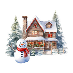 watercolor chrismast house  ,christmas decoraction, watercolor illustrations