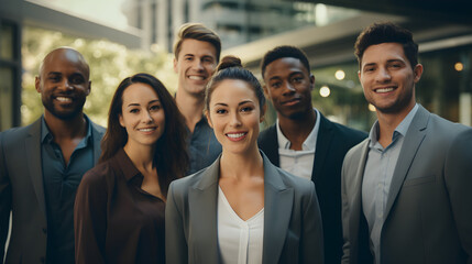 Obraz premium A diverse group of business professionals, comprising a modern multi-ethnic business team, standing and looking at the camera in a portrait shot,