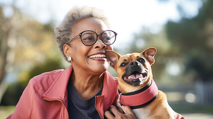 A senior african american woman playfully holding her dog in park. Love for animals concept.
 - Powered by Adobe