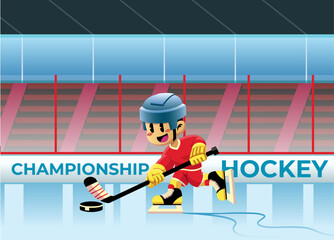 Obraz premium Happy Cartoon Boy Kid Playing Hockey Game in Stadium