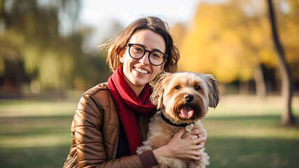 Cheerful young woman with her holding cute adorable dog in park. Woman with pet outdoors. Lifestyle with animals. Love for animals concept.
