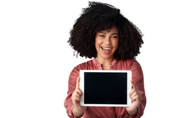 Tablet, screen and portrait of woman showing interactive ui, ux and isolated in transparent or png...