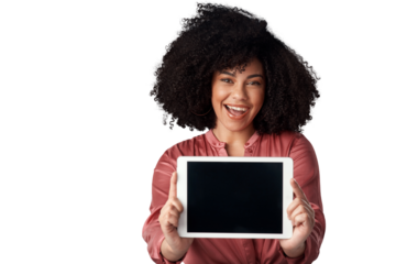 Tablet, screen and portrait of woman showing interactive ui, ux and isolated in transparent or png background. Technology, marketing and person with internet, website or app review on mockup space