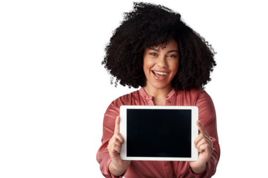 Tablet, screen and portrait of woman showing interactive ui, ux and isolated in transparent or png background. Technology, marketing and person with internet, website or app review on mockup space