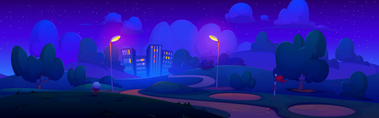 Golf field at night with lanterns light, ball and flag pin near hole. Cartoon vector evening landscape of course hills with grass and sand against background of city with multistorey buildings.