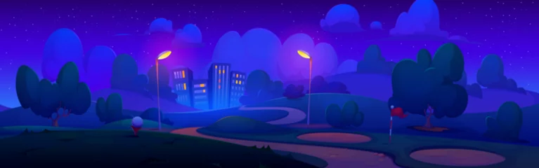 Rolgordijnen Golf field at night with lanterns light, ball and flag pin near hole. Cartoon vector evening landscape of course hills with grass and sand against background of city with multistorey buildings. © klyaksun