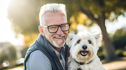 Portrait of happy senior man in eyeglasses with dog in park. Love between owner and pet. 
 - obrazy, fototapety, plakaty