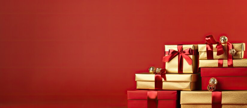 Gold Christmas presents stacked with space on red background