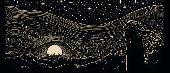 Woodcut illustration of beautiful night sky with stars and crescent moon 2 - obrazy, fototapety, plakaty