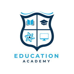 Education academy logo design modern and simple concept with technology, computer, book, graduation cap, badge