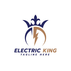 Electric King creative logo design concept for electrical industry with lightning bolt sign and crown