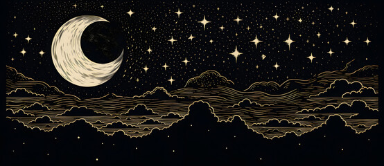 Woodcut illustration of beautiful night sky with stars and crescent moon 6