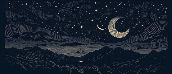 Woodcut illustration of beautiful night sky with stars and crescent moon 8 - obrazy, fototapety, plakaty