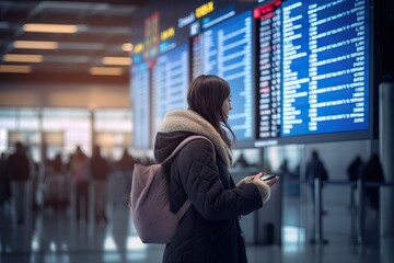 woman waiting flight with a luggage looking at departures board in airport terminal, Travaling concept