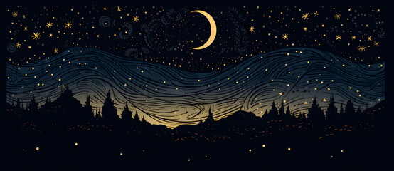 Woodcut illustration of beautiful night sky with stars and crescent moon 11 - obrazy, fototapety, plakaty