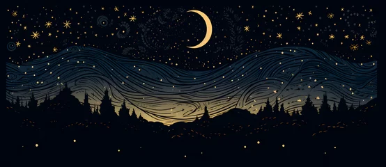 Papier Peint photo Lavable Pleine lune Woodcut illustration of beautiful night sky with stars and crescent moon 11