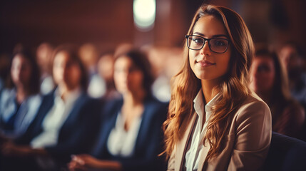 In a conference hall room, a businesswoman sits while participants, audience, and colleagues listen to a lecturer at a workshop presentation seminar, The background is defocused and blurred - obrazy, fototapety, plakaty