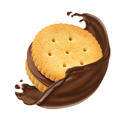 Sandwich cookie and chocolate splash isolated on white background