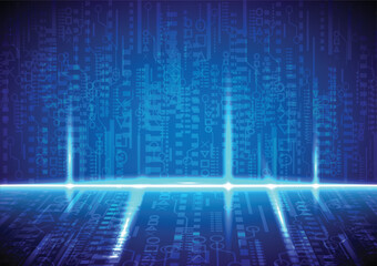 Digital background blue matrix. Elements code and perspective view. Vector Illustration. Hacker concept.