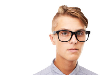 Portrait, fashion and glasses with a nerd man isolated on a transparent background for vision or eyesight. Face, eyewear and style with a handsome young geek in prescription frame spectacles on PNG