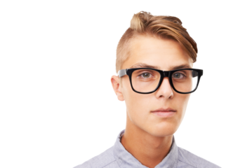 Portrait, fashion and glasses with a nerd man isolated on a transparent background for vision or eyesight. Face, eyewear and style with a handsome young geek in prescription frame spectacles on PNG