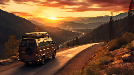 A van traveling at sunset in nature on a canyon path - obrazy, fototapety, plakaty