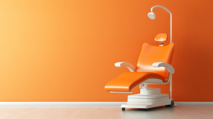 Modern design Dental chair in clinic office interior, orange wall mockup, copy space. Ai generative. - Powered by Adobe
