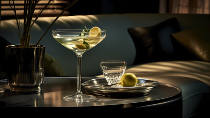An elegant allure of a classic martini, set against a sophisticated, dimly lit lounge ambiance, embodying the essence of a classy evening