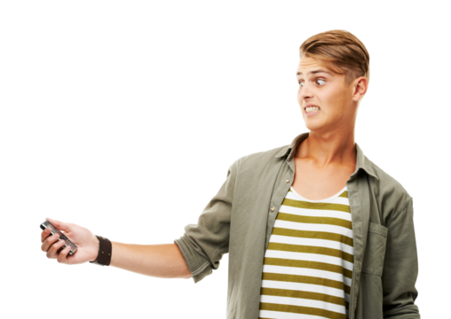 Phone, shock and a man reading a social media message while isolated on a transparent background for communication. Mobile, surprise and wtf with a young male person looking confused by news on PNG