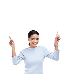 Woman is pointing up, advertising and presentation with opportunity and news isolated on png transparent background. Female person, offer and deal with marketing, branding promo and announcement