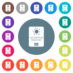 Vaccination passport flat white icons on round color backgrounds