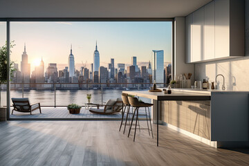 Naklejka premium Luxury kitchen interior with white marble countertop, sink and window with panoramic view